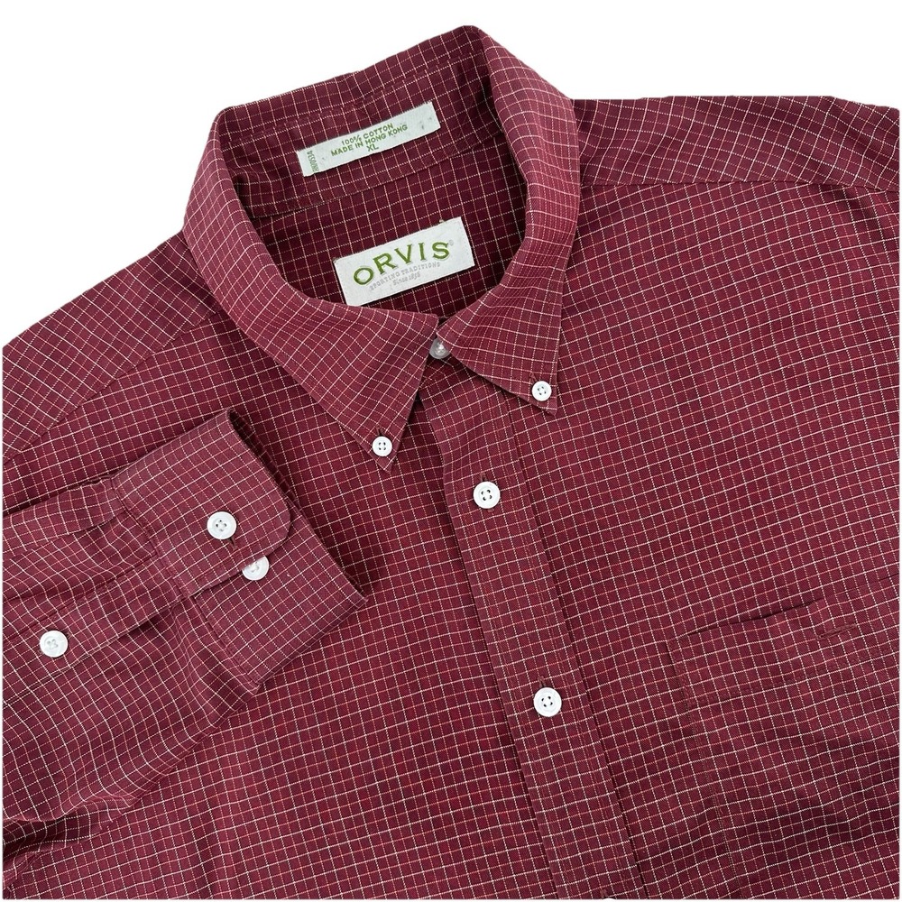 Orvis Mens XL Burgundy Grid Check Long Sleeve Button Down 100% Cotton Shirt